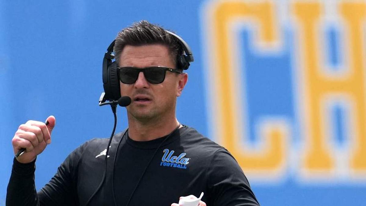  May 2, 2026; Pasadena, CA, USA; UCLA Bruins coach Bob Chesney reacts during the spring game at Rose Bowl. Mandatory Credit: Kirby Lee-Imagn Images | Kirby Lee-Imagn Images 