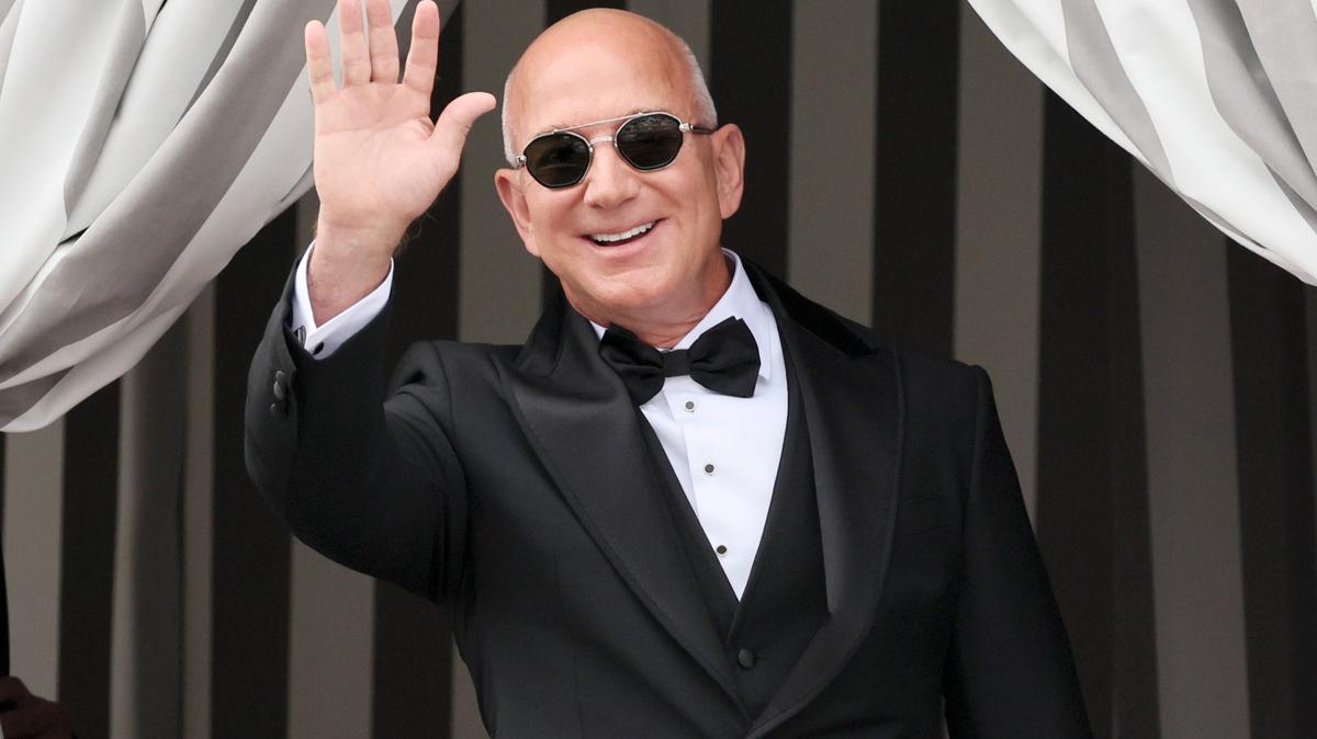 VENICE, ITALY - JUNE 27: Jeff Bezos leaves the Aman Hotel during the Jeff Bezos and Lauren Sanchez Wedding on June 27, 2025 in Venice, Italy. (Photo by Ernesto Ruscio/GC Images)