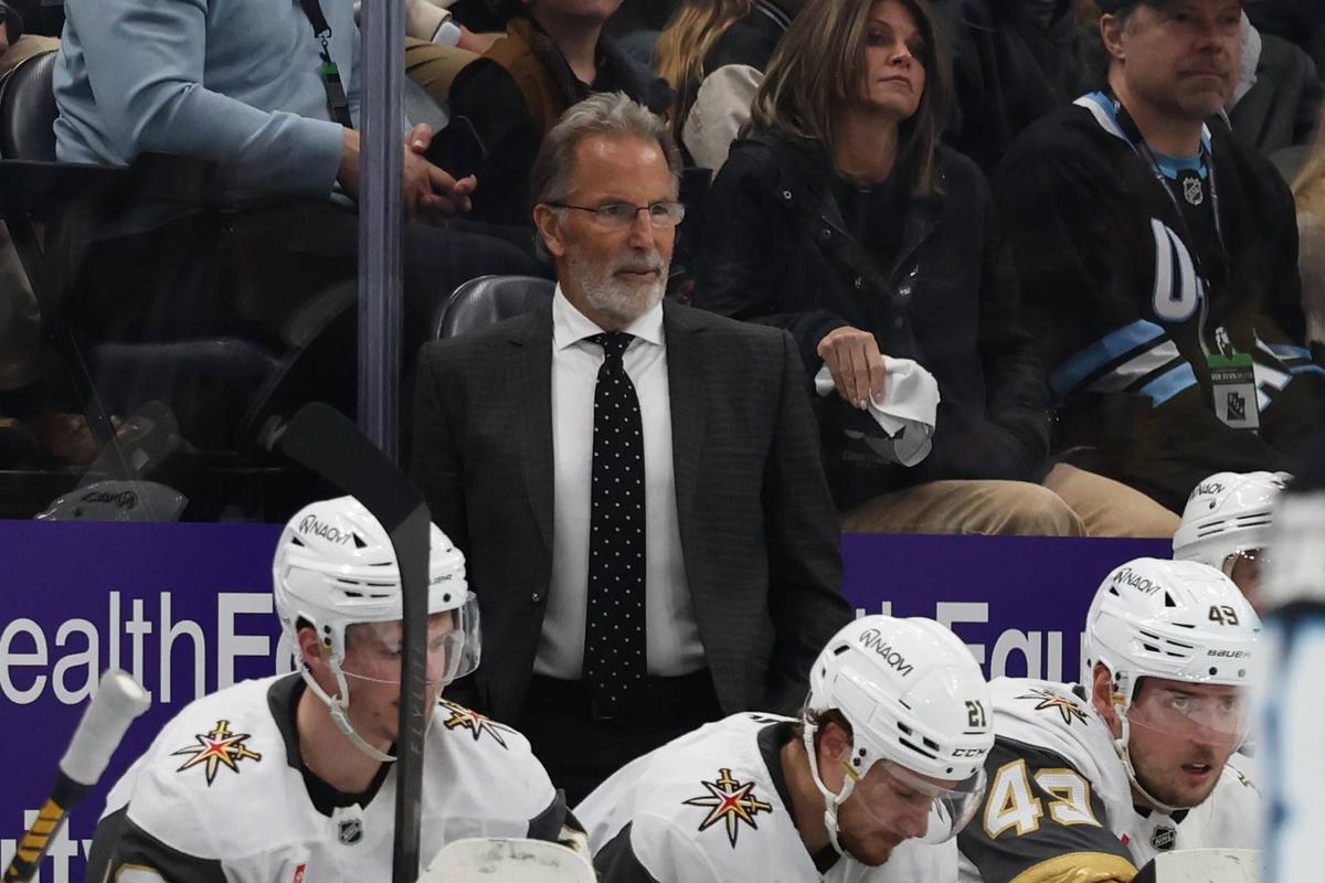  Vegas Golden Knights head coach John Tortorella looks on against the Utah Mammoth during the third period in game six of the first round of the 2026 Stanley Cup Playoffs at Delta Center. Rob Gray-Imagn Images