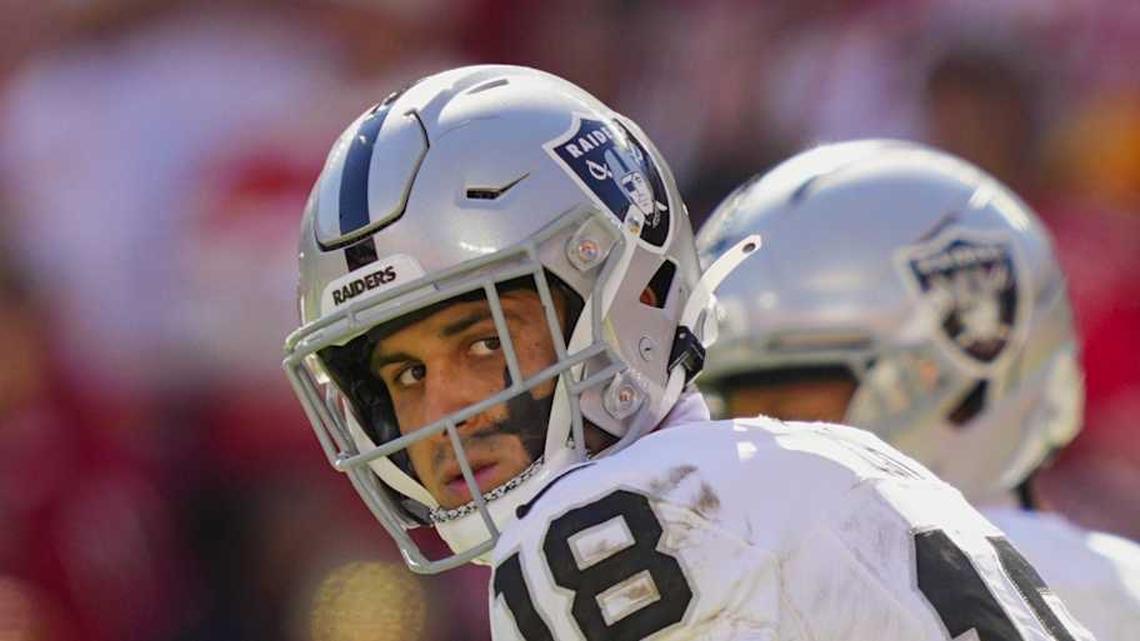  Oct 19, 2025; Kansas City, Missouri, USA; Las Vegas Raiders wide receiver Jack Bech (18) gets ready prior to the snap during the second half against the Kansas City Chiefs at GEHA Field at Arrowhead Stadium. Mandatory Credit: Jay Biggerstaff-Imagn Images | Jay Biggerstaff-Imagn Images 