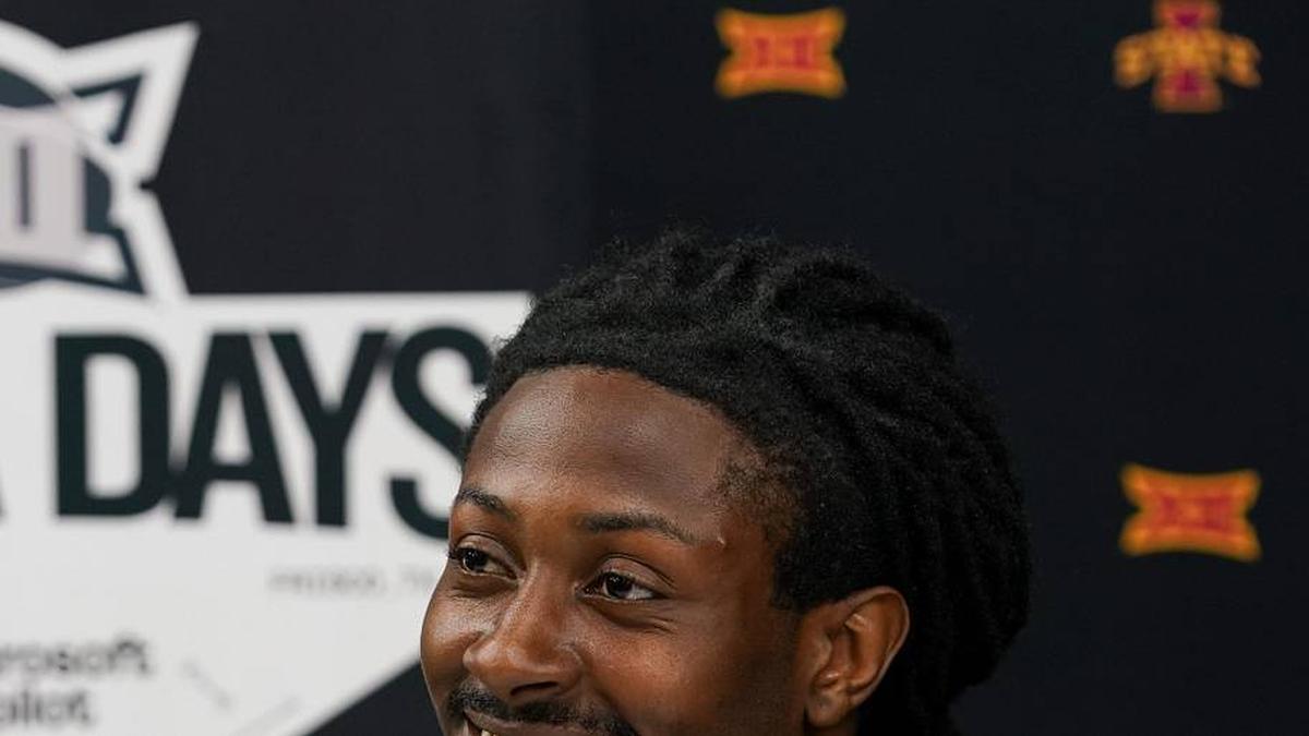  Jul 8, 2025; Frisco, TX, USA; Iowa State defensive back Jontez Williams answers questions from the media during 2025 Big 12 Football Media Days at The Star. Mandatory Credit: Raymond Carlin III-Imagn Images | Raymond Carlin III-Imagn Images 