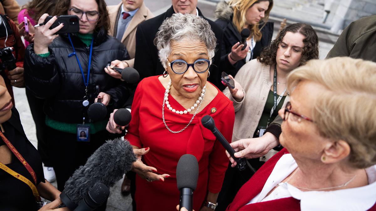 Reps. Joyce Beatty, D-Ohio, and Chellie Pingree, D-Maine, right, talk with reporters about the renaming of the Kennedy Center to include President Donald Trump's name, outside the U.S. Capitol on Thursday, Dec. 18, 2025. (Tom Williams/CQ Roll Call via ZUMA Press/TNS)