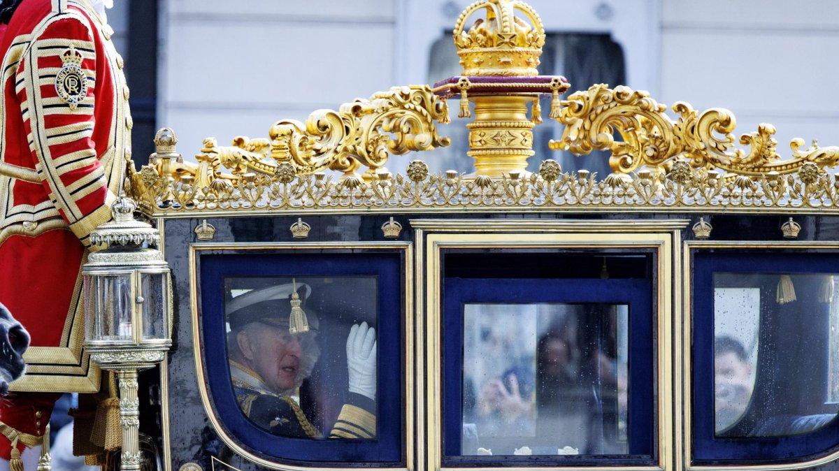 King Charles III waves from his State Carriage during the royal procession bringing him and Queen Camilla from Buckingham Palace to Westminster on Wednesday for the State Opening of Parliament. His Imperial State Crown, worn to deliver his King's Speech, was transported in a separate carriage protected by the Sovereign’s Escort of the Household Cavalry. Photo by Tolga Akmen/EPA
