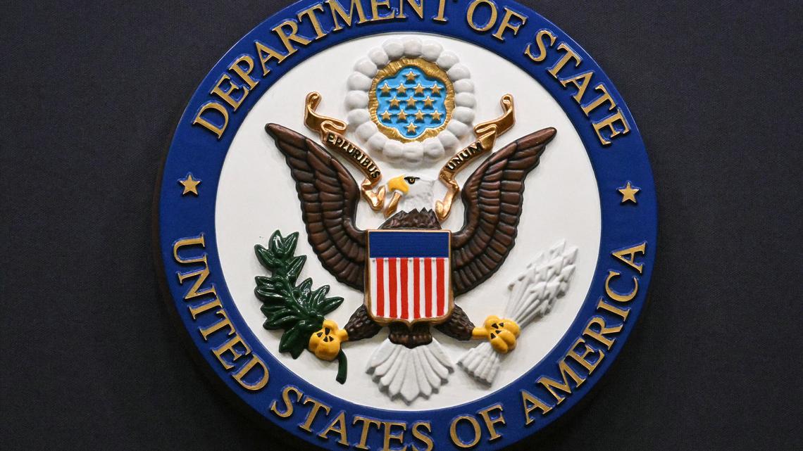 The seal of the U.S. Department of State is seen on the lectern during an end-of-year press conference in the State Department Press Briefing Room in Washington, D.C., on Dec. 19, 2025. (Mandel Ngan/AFP/Getty Images/TNS)