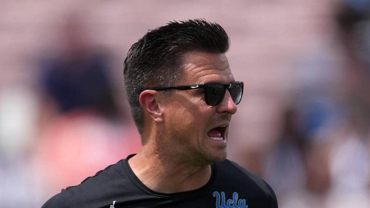  May 2, 2026; Pasadena, CA, USA; UCLA Bruins coach Bob Chesney reacts during the spring game at Rose Bowl. Mandatory Credit: Kirby Lee-Imagn Images | Kirby Lee-Imagn Images 
