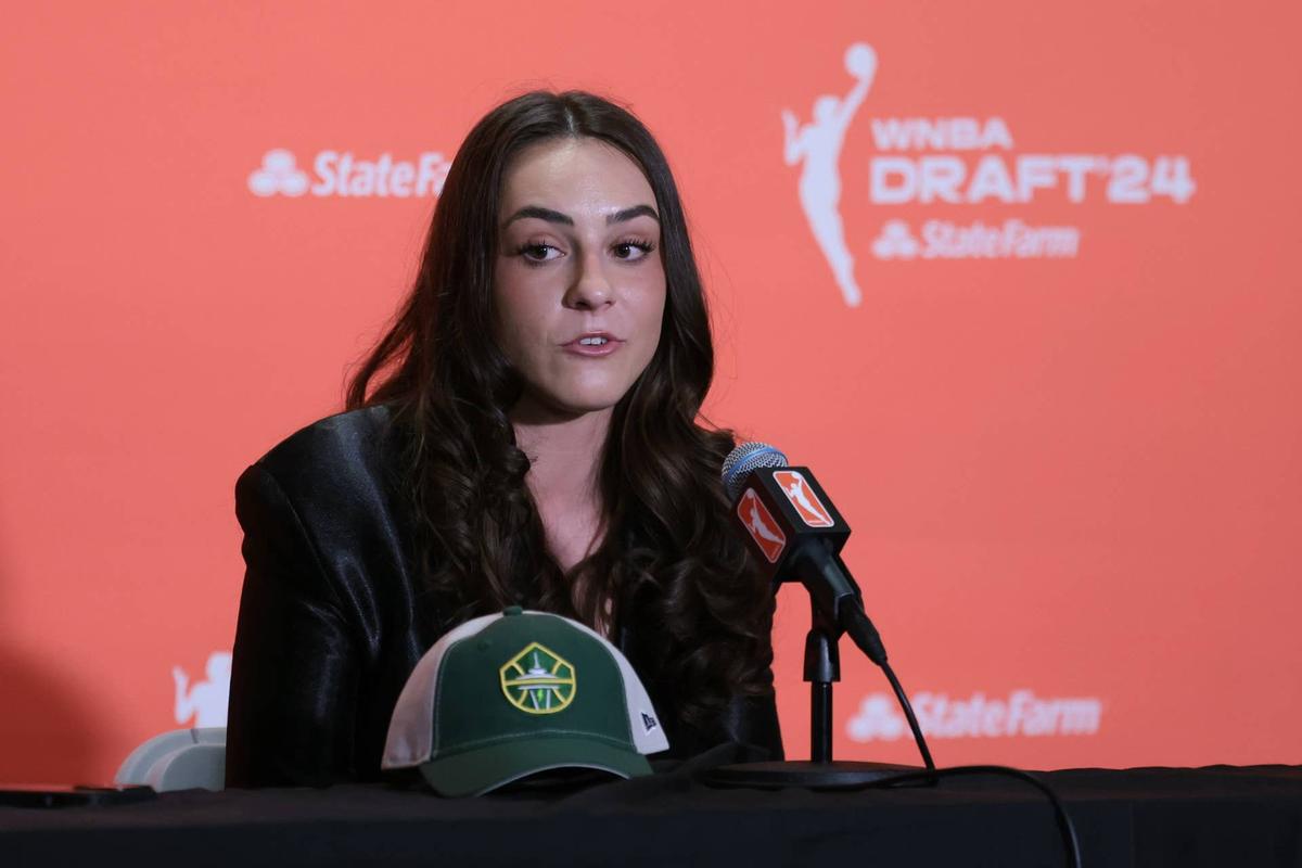  Apr 15, 2024; Brooklyn, NY, USA; Nika Muhl speaks in an interview after she is selected with the number fourteen overall pick to the Seattle Storm in the 2024 WNBA Draft at Brooklyn Academy of Music. Mandatory Credit: Vincent Carchietta-USA TODAY Sports 