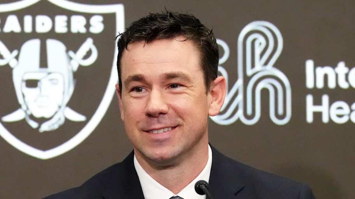  Feb 10, 2026; Henderson, NV, USA; Las Vegas Raiders coach Klint Kubiak speaks at introductory press conference at Intermountain Health Performance Center. Mandatory Credit: Kirby Lee-Imagn Images | Kirby Lee-Imagn Images 