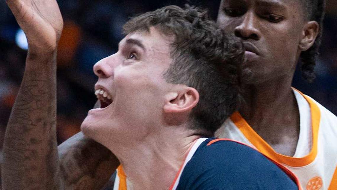  Auburn forward Filip Jovic (38) shoots against Tennessee center Felix Okpara (34) during their Day 2 2026 SEC Men's Basketball Tournament game at Bridgestone Arena in Nashville, Tenn., Thursday, March 12, 2026. | DENNY SIMMONS / THE TENNESSEAN / USA TODAY NETWORK via Imagn Images 