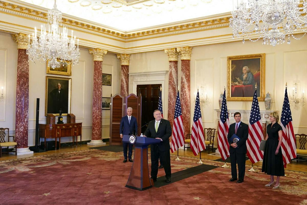  Then-Secretary of State Mike Pompeo speaks during a news conference announcing the Trump administration's restoration of sanctions on Iran in 2020, two years after it left a nuclear non-proliferation deal with Iran. AP Photo / Patrick Semansky 