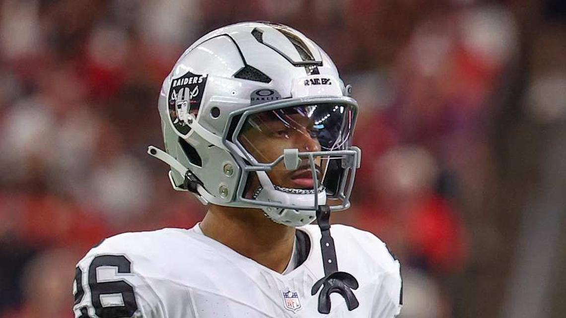  Dec 21, 2025; Houston, Texas, USA; Las Vegas Raiders cornerback Darien Porter (26) during a television timeout against the Houston Texans in the first quarter at NRG Stadium. Mandatory Credit: Thomas Shea-Imagn Images | Thomas Shea-Imagn Images 