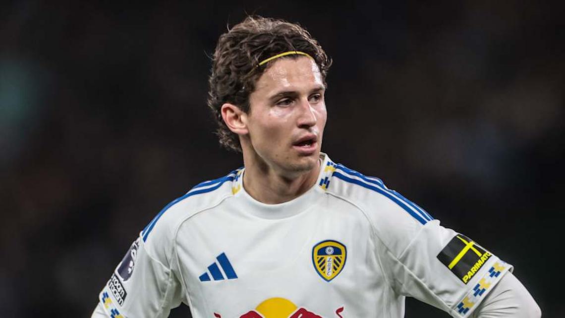  Brenden Aaronson picked up an assist for Leeds United against Manchester United. | Mark Cosgrove/News Images/NurPhoto/Getty Images 