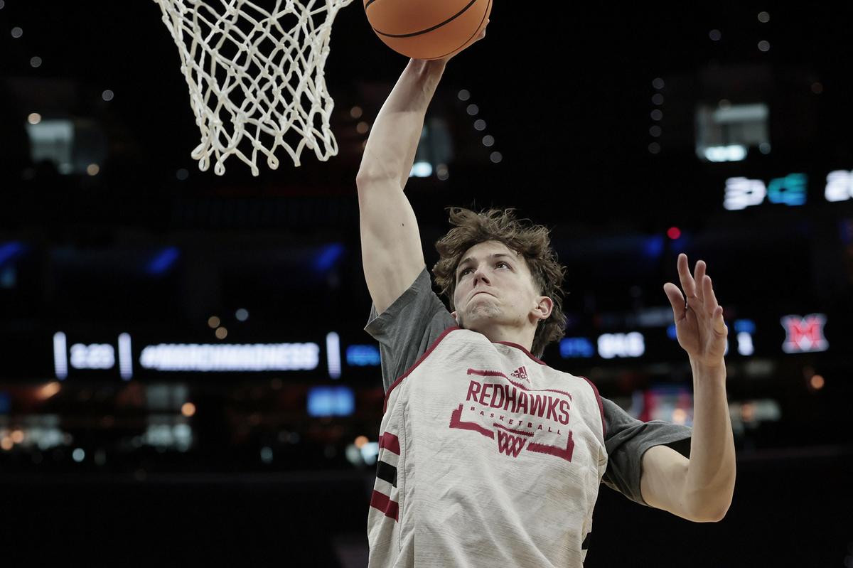 Miami of Ohio's Brant Byers, a Chambersburg, Pennsylvania, native, goes up to the basket during his team's practice on Thursday, March 19, 2026, at Xfinity Mobile Arena in Philadelphia. 