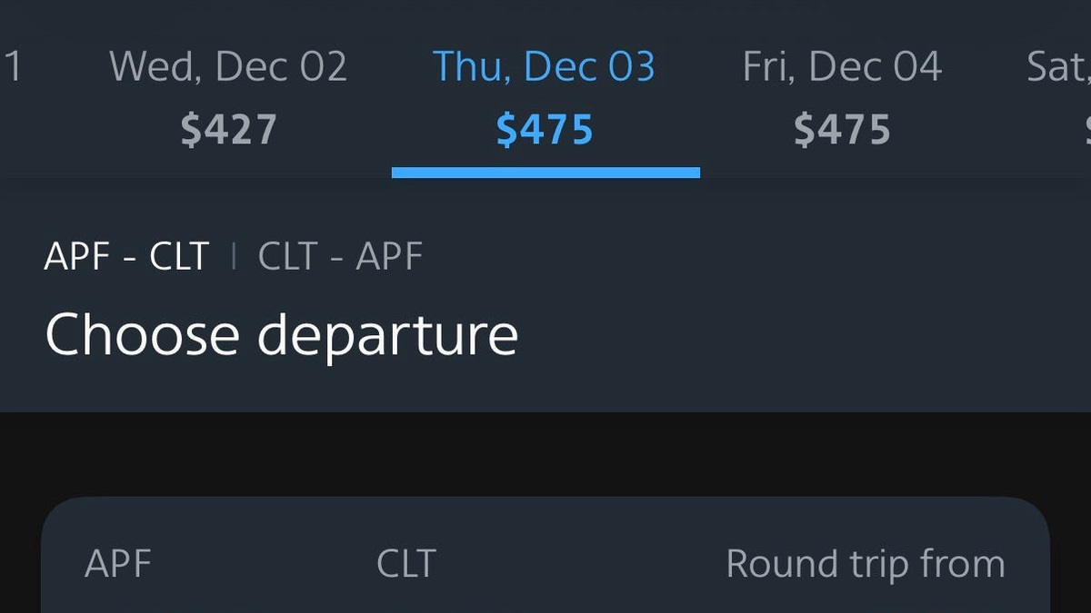 Screenshot June 30, 2026, of American Airlines flights between Naples, Florida, and Charlotte, North Carolina, starting Dec. 2, 2026.