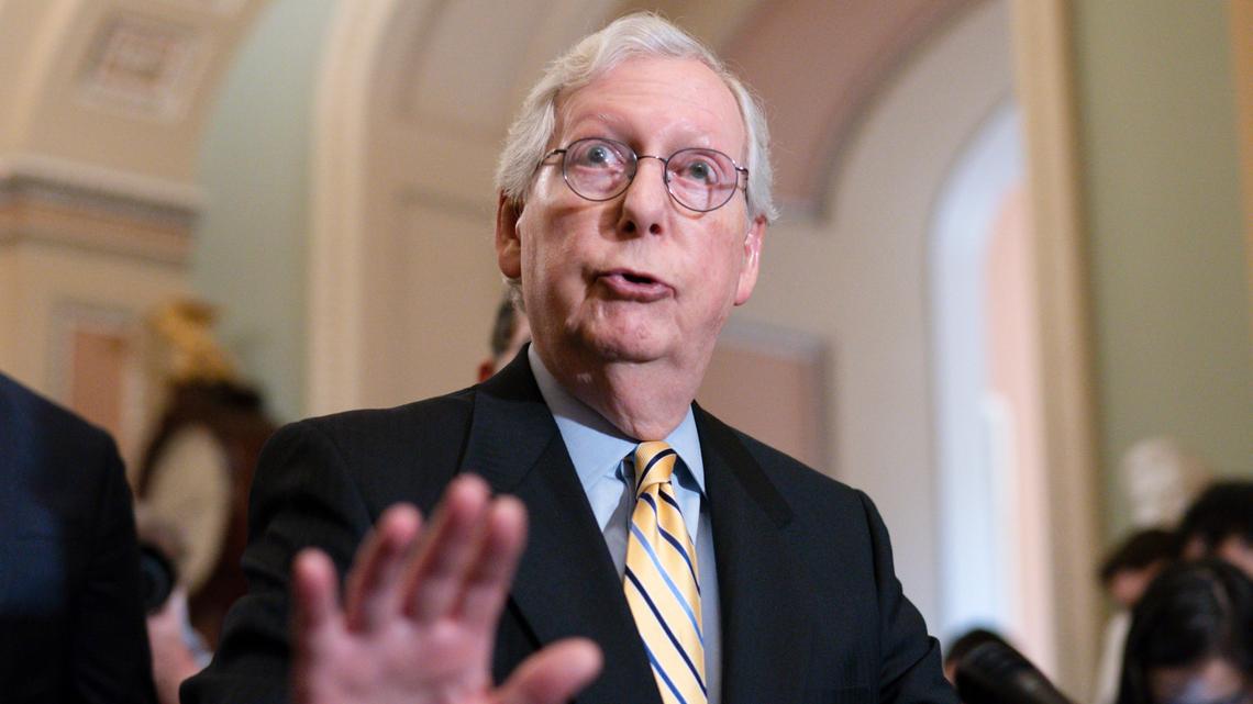 Senate Minority Leader Mitch McConnell, R-Ky., talks with reporters at the Capitol in Washington, Tuesday, June 22, 2021.  (AP Photo/J. Scott Applewhite)