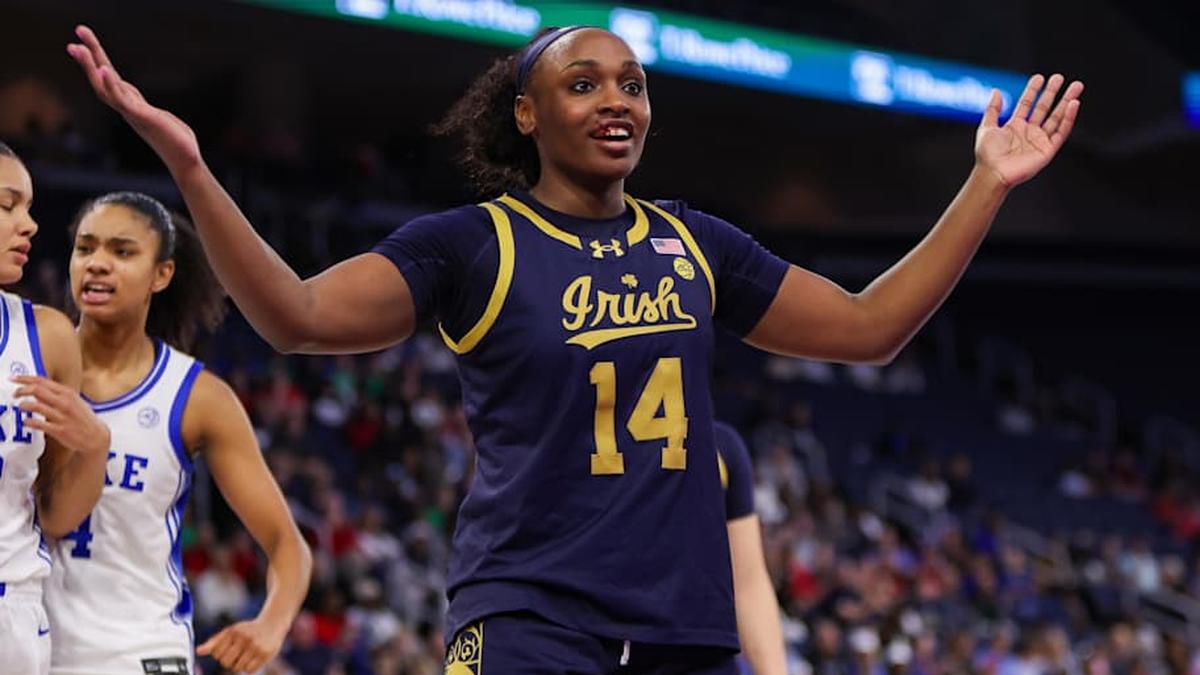  Mar 7, 2026; Duluth, GA, USA; Notre Dame Fighting Irish guard Kk Bransford (14) reacts with a bloody mouth after being called for a foul against the Duke Blue Devils in the fourth quarter at Gas South Arena. Mandatory Credit: Brett Davis-Imagn Images | Brett Davis-Imagn Images 