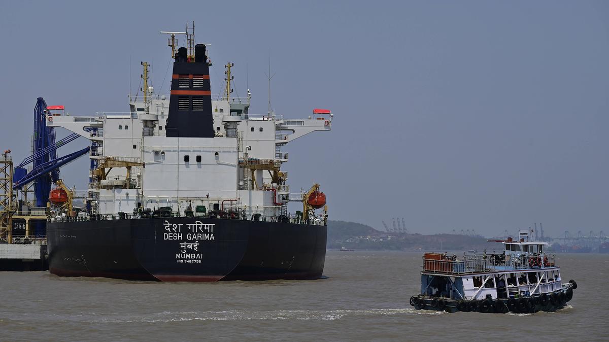 The Indian-flagged crude oil tanker Desh Garima is seen docked at the Mumbai Port after successfully navigating the volatile Strait of Hormuz on April 30, 2026 in Mumbai, India.