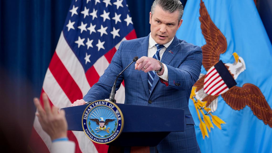 U.S. Secretary of War Pete Hegseth takes questions during a press briefing at the Pentagon on April 08, 2026 in Arlington, Virginia. It was announced that a temporary ceasefire has been reached between the U.S., Iran, and Israel, pausing attacks for about two weeks while Iran reopens the Strait of Hormuz and negotiations continue toward a longer-term agreement. (Andrew Harnik/Getty Images/TNS)