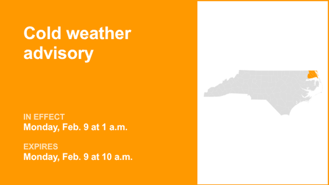 UPDATE: Cold weather advisory in place for Eastern North Carolina until Monday morning 