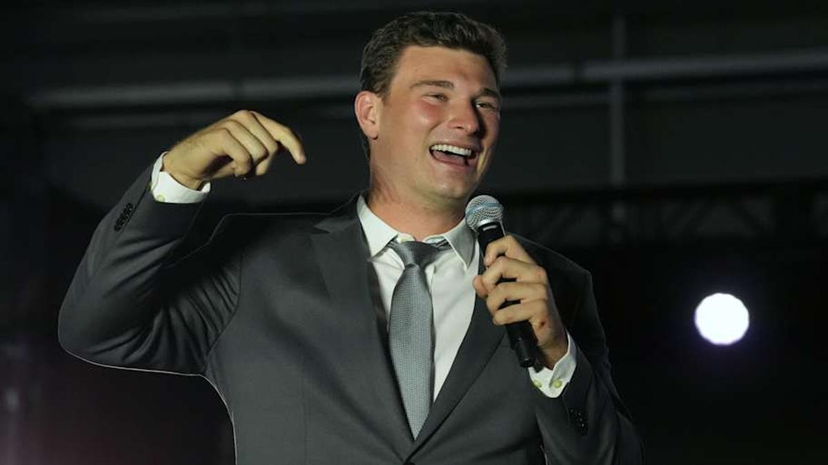  Apr 24, 2026; Henderson, NV, USA; Las Vegas Raiders quarterback Fernando Mendoza at the Festival of Football at the Intermountain Health Performance Center. Mandatory Credit: Kirby Lee-Imagn Images | Kirby Lee-Imagn Images 