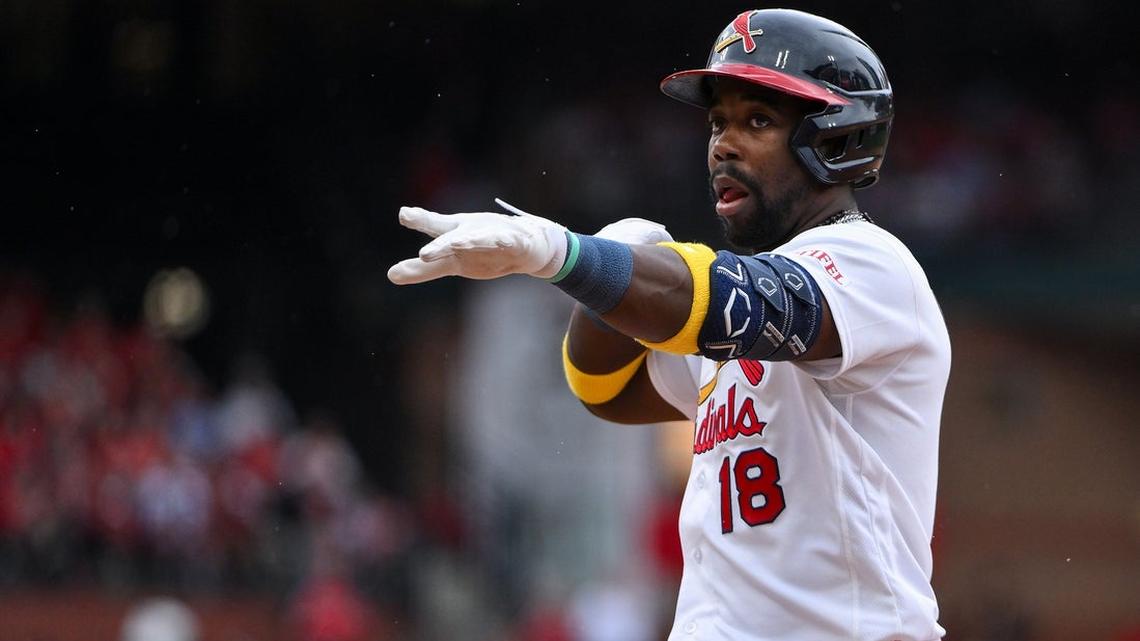 
                 Apr 12, 2026; St. Louis, Missouri, USA; St. Louis Cardinals right fielder Jordan Walker (18) reacts after hitting a single against the Boston Red Sox during the sixth inning at Busch Stadium. Mandatory Credit: Jeff Curry-Imagn Images 
              