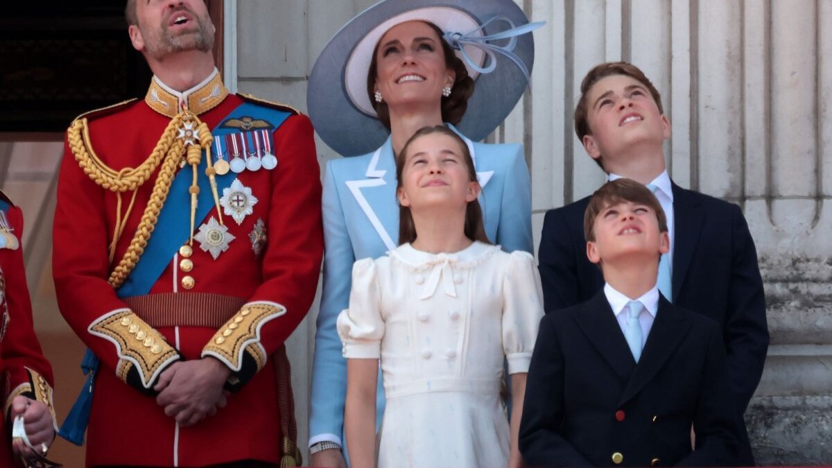 From left, William, the prince of Wales; Kate Middleton, the princess of Wales; Princess Charlotte; Prince Loui; and Prince George look upward Saturday while on the balcony of Buckingham Palace after the annual Trooping the Colour in recognition of the king's birthday. Officials have announced that Prince George, second in line for the throne, will attend Eton College starting in September. Photo by Hugo Philpott/UPI