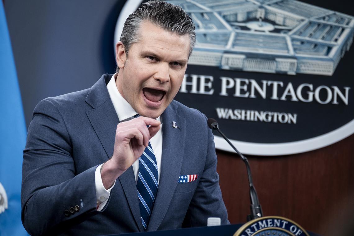 Secretary of Defense Pete Hegseth provides updates on the war in Iran at the Pentagon in Arlington, Va., Thursday, April 16, 2026. (Pete Marovich/The New York Times)