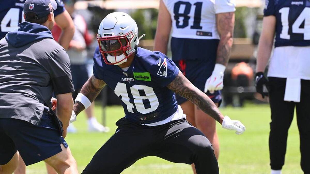 Jun 2, 2026; Foxborough, MA, USA; New England Patriots linebacker Namdi Obiazor (48) works with the coaching staff during the team's OTA at Gillette Stadium. Mandatory Credit: Eric Canha-Imagn Images | Eric Canha-Imagn Images 