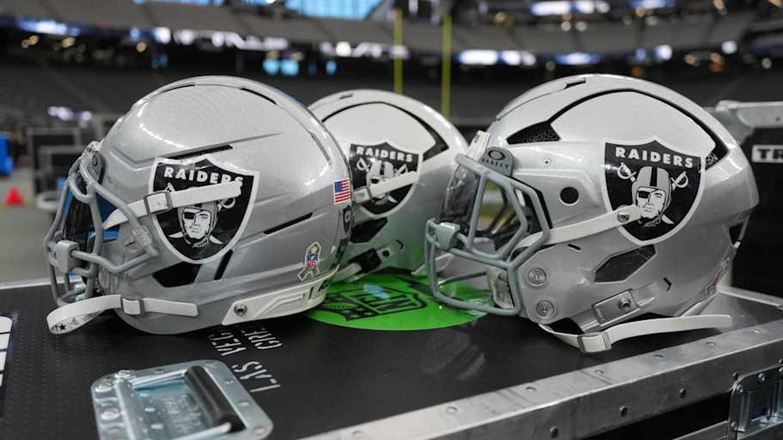  Nov 23, 2025; Paradise, Nevada, USA; Las Vegas Raiders helmets on the sidelines at Allegiant Stadium. Mandatory Credit: Kirby Lee-Imagn Images | Kirby Lee-Imagn Images 