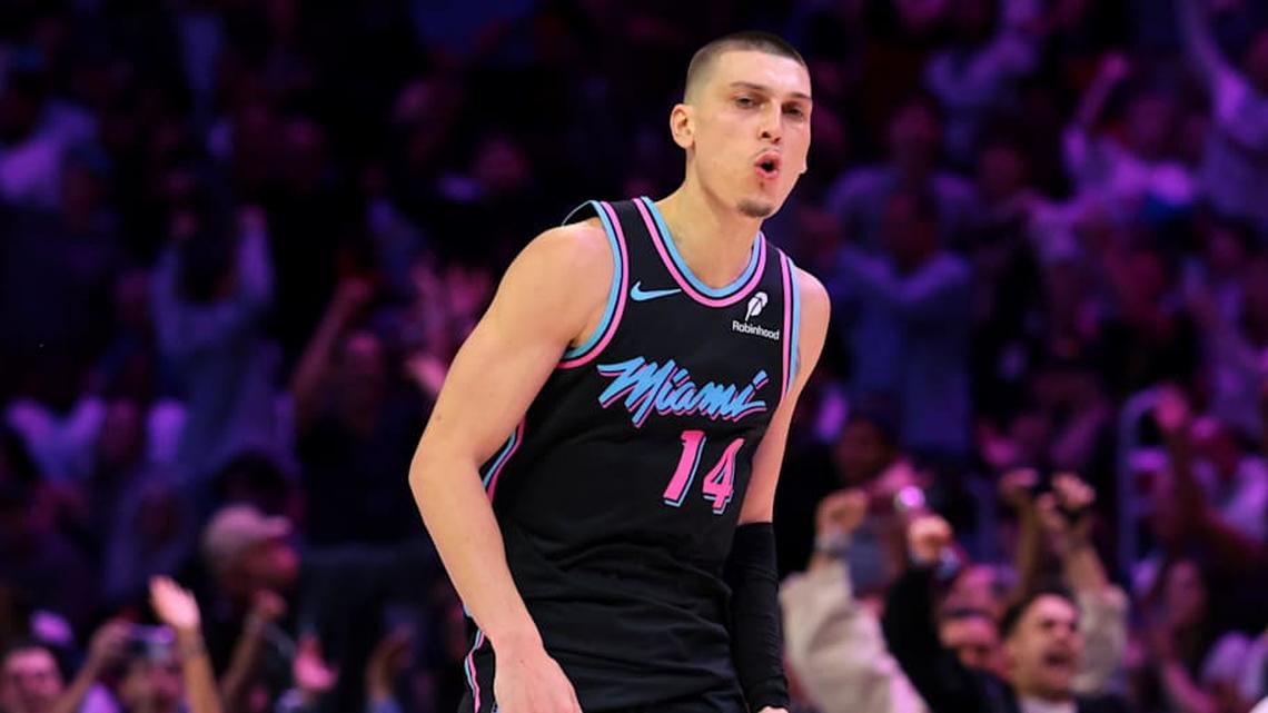  Mar 30, 2026; Miami, Florida, USA; Miami Heat guard Tyler Herro (14) reacts after scoring against the Philadelphia 76ers during the fourth quarter at Kaseya Center. | Sam Navarro-Imagn Images 