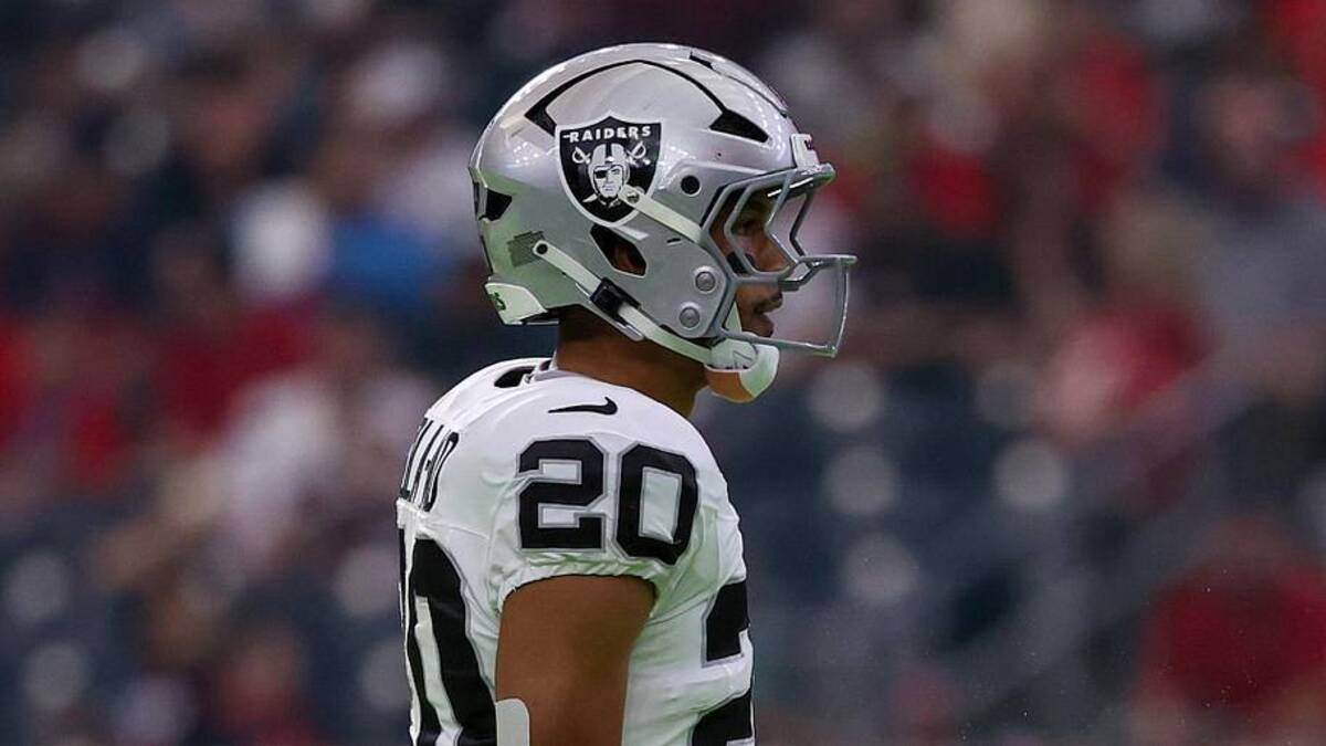  Dec 21, 2025; Houston, Texas, USA; Las Vegas Raiders safety Isaiah Pola-Mao (20) during a television timeout against the Houston Texans in the first quarter at NRG Stadium. Mandatory Credit: Thomas Shea-Imagn Images | Thomas Shea-Imagn Images 