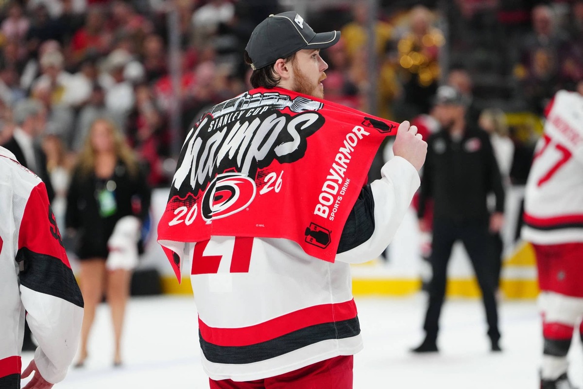  Carolina Hurricanes left wing Nikolaj Ehlers (27) celebrates the win against the Vegas Golden Knights in game six of the 2026 Stanley Cup Final at T-Mobile Arena. Stephen R. Sylvanie-Imagn Images