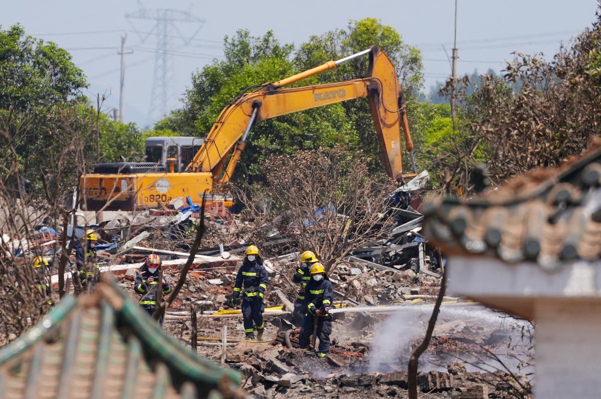 Firefighters work at a site following a blast at a fireworks manufacturing factory in Liuyang, Hunan province, China, May 5, 2026. cnsphoto via REUTERS