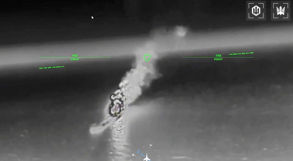 Smoke rises after what the Ukranian authorities say was during a strike as Ukrainian UAVs hit a Russian dark fleet tanker at a location given as Sea of Azov in this screengrab taken from a handout video released on July 7, 2026. Commander of Unmanned Aerial Systems Force/Handout via REUTERS