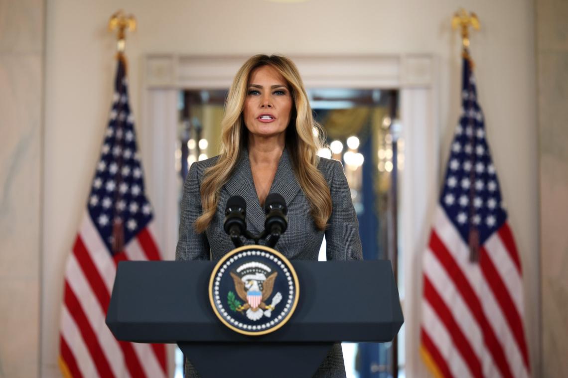 U.S. first lady Melania Trump delivers a statement denying any ties to Jeffrey Epstein at the Grand Foyer of the White House on April 9, 2026, in Washington.
