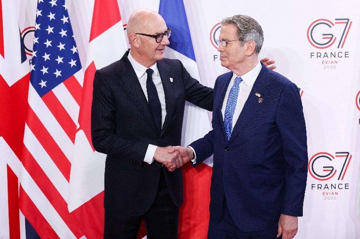 French Finance Minister Roland Lescure and U.S. Treasury Secretary Scott Bessent shake hands ahead of a G7 finance ministers and central bank governors meeting in Paris, France, May 18, 2026. REUTERS/Tom Nicholson