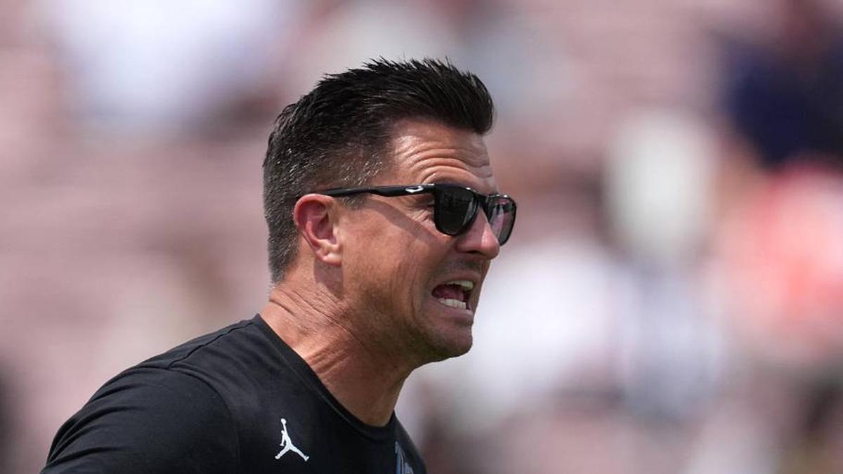  May 2, 2026; Pasadena, CA, USA; UCLA Bruins coach Bob Chesney reacts during the spring game at Rose Bowl. Mandatory Credit: Kirby Lee-Imagn Images | Kirby Lee-Imagn Images 