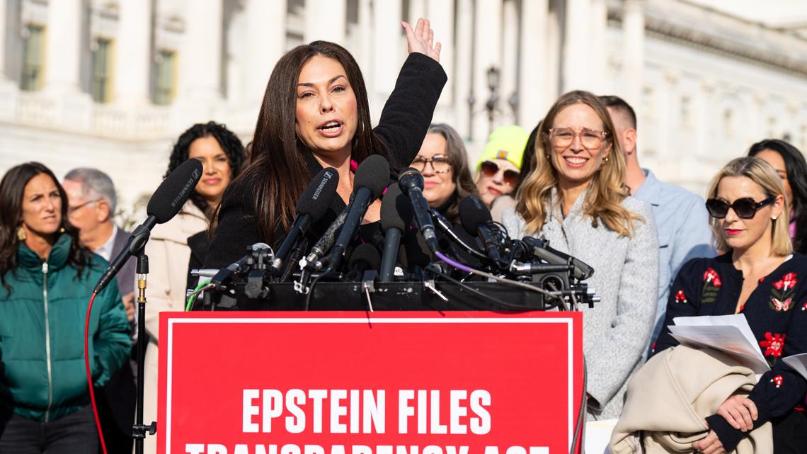 Haley Robson, who says she was assaulted by Jeffrey Epstein when she was 16, speaks during the news conference with survivors of convicted sex offender Jeffrey Epstein outside the U.S. Capitol on Nov. 18, 2025. (Bill Clark/CQ Roll Call via ZUMA Press/TNS)