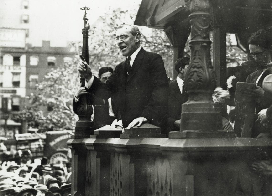  Woodrow Wilson, who as president resegregated the federal civil service, speaks to a crowd in September 1912. Library of Congress/Corbis/VCG via Getty Images 