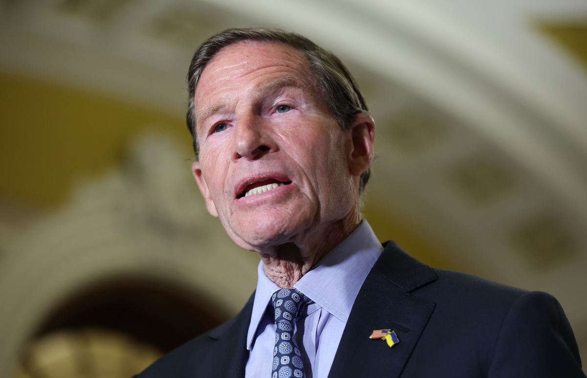  U.S. Sen. Richard Blumenthal (D-CT) speaks to reporters after the weekly Senate policy luncheons at the U.S. Capitol on June 23, 2026, in Washington, D.C. (Photo by Kevin Dietsch/Getty Images) 