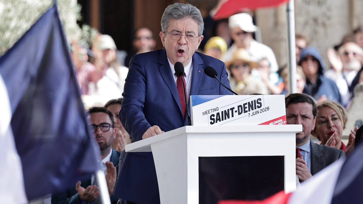 Founder of French left-wing party La France Insoumise (LFI) and presidential candidate Jean-Luc Melenchon delivers a speech during a rally to launch his presidential campaign on Place Victor Hugo in Saint-Denis, a northern Paris suburb, on June 7, 2026. France votes in a presidential election scheduled for April 2027. (Stephane de Sakutin/AFP/Getty Images/TNS)