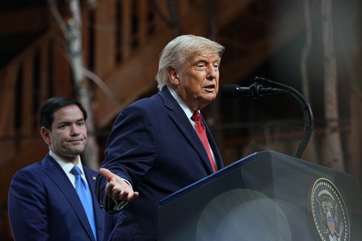 President Donald Trump speaks to reporters at a news conference at the G7 Summit in Evian-les-Bains, France, on Wednesday, June 17, 2026. He is joined onstage by Secretary of State Marco Rubio, left. (Haiyun Jiang/The New York Times)