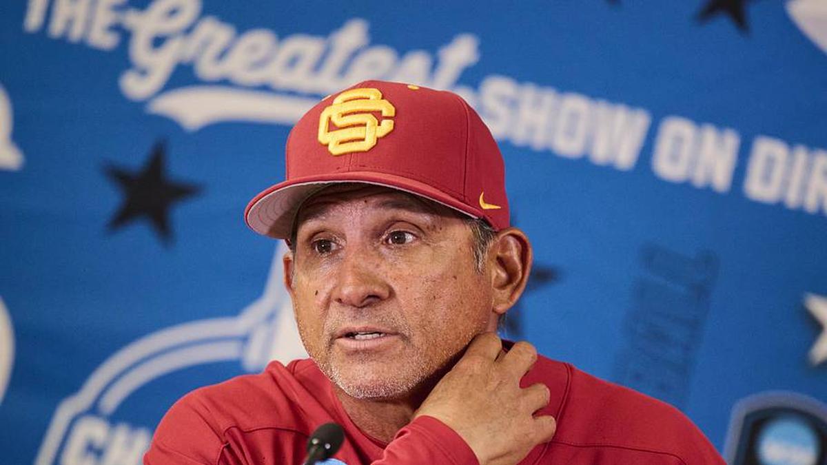  May 31, 2025; Corvallis, OR, USA; USC head coach Andy Stankiewicz takes questions after a game against Saint Mary's at the NCAA Corvallis Regional at Goss Stadium. | Troy Wayrynen-Imagn Images 