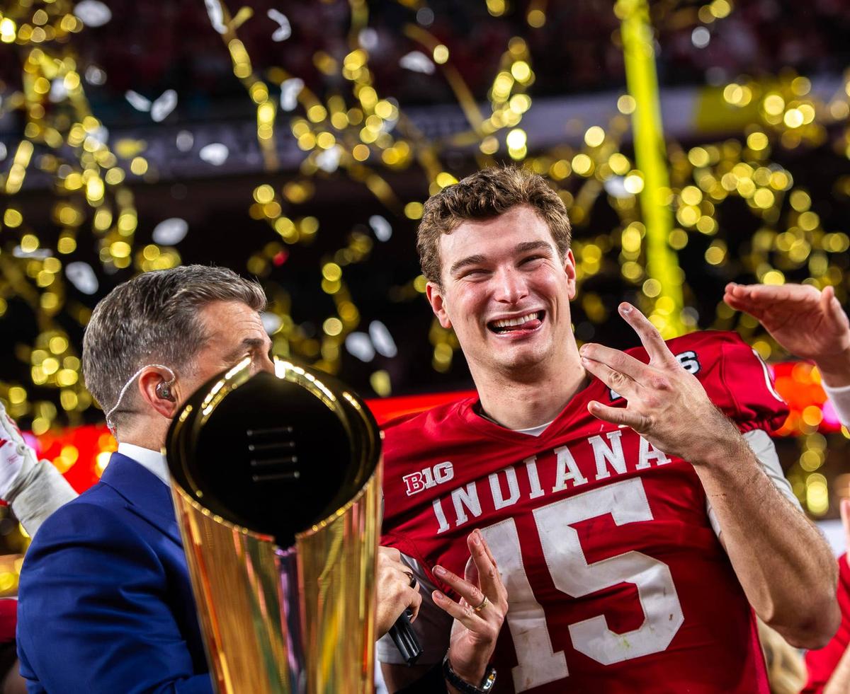  Indiana's Fernando Mendoza (15) celebrates after the College Football Playoff National Championship. © Rich Janzaruk/Herald-Times / USA TODAY NETWORK via Imagn Images