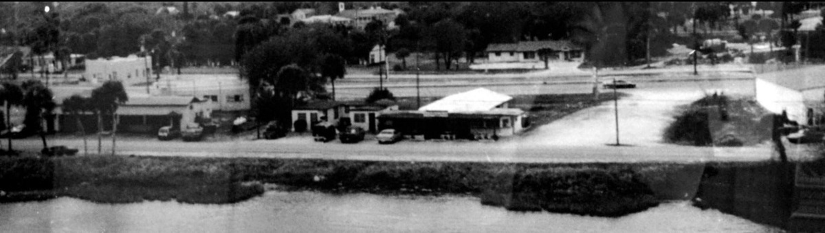 Earl's Bar and Package Store at 1405 Indian River Drive on the Indian River Lagoon in Sebastian (center) was flanked by a grocery store (right) and two south-adjacent cottages on the bar property (left). Earl Roberts and life partner Grace Martin lived in the cottage closest to the bar, which they co-leased in 1960 and Grace bought it in 1965. When they moved to a nursing home in 1972, Jeanne Johnson, her daughter from her 1918 marriage to 1919 Green Bay Packers first tackle Sammy Powers, moved in with husband Chester and daughter Judith. Jeanne ran the bar with son Tim Kelly until selling it in 1977, four years after Grace died and three years before Earl died. Earl and Grace knew each other from the famous Showboat big-band dance palace Earl built in New York in 1930. Though he never divorced wife Beatrice nor married Grace, she was called "Mrs." and his "wife." They moved to New Smyrna Beach in 1942 and Sebastian in 1946. The original Earl's Bar and Package Store was in the 1925-built Sebastian Inn on the Indian River Lagoon, which Earl bought in 1944, but didn't reopen until after the Navy vacated in 1946, having commandeered it for WWII barracks. Grace was the restaurant hostess and hotel assistant manager. After the hotel was foreclosed in 1955, the couple moved the bar '3/4 miles north on left,' a sign said.