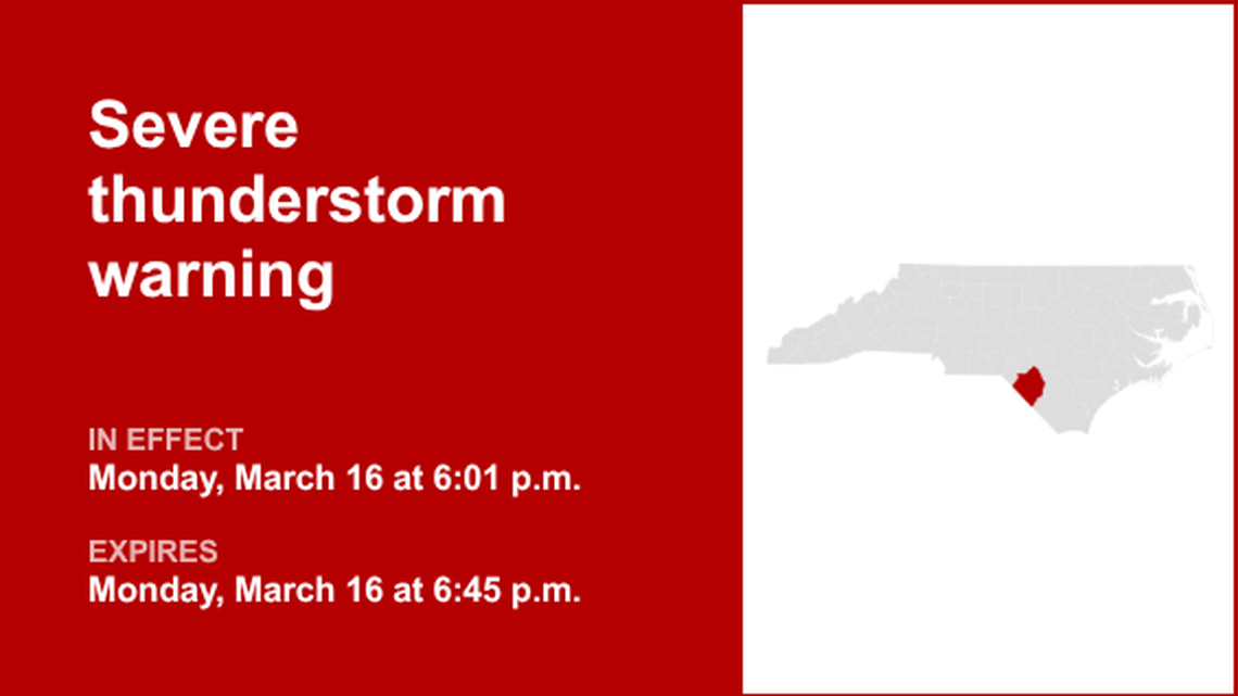 UPDATE: The severe thunderstorm warning for North Carolina is anticipated to expire at 7:30 p.m. 