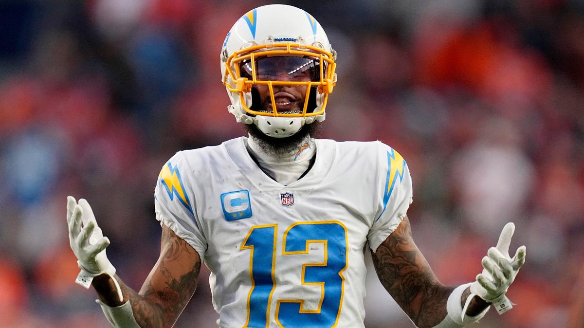 Los Angeles Chargers wide receiver Keenan Allen (13) looks for a call from the referee against the Denver Broncos during the second half of an NFL football game, Sunday, Nov. 28, 2021, in Denver. (AP Photo/Jack Dempsey)