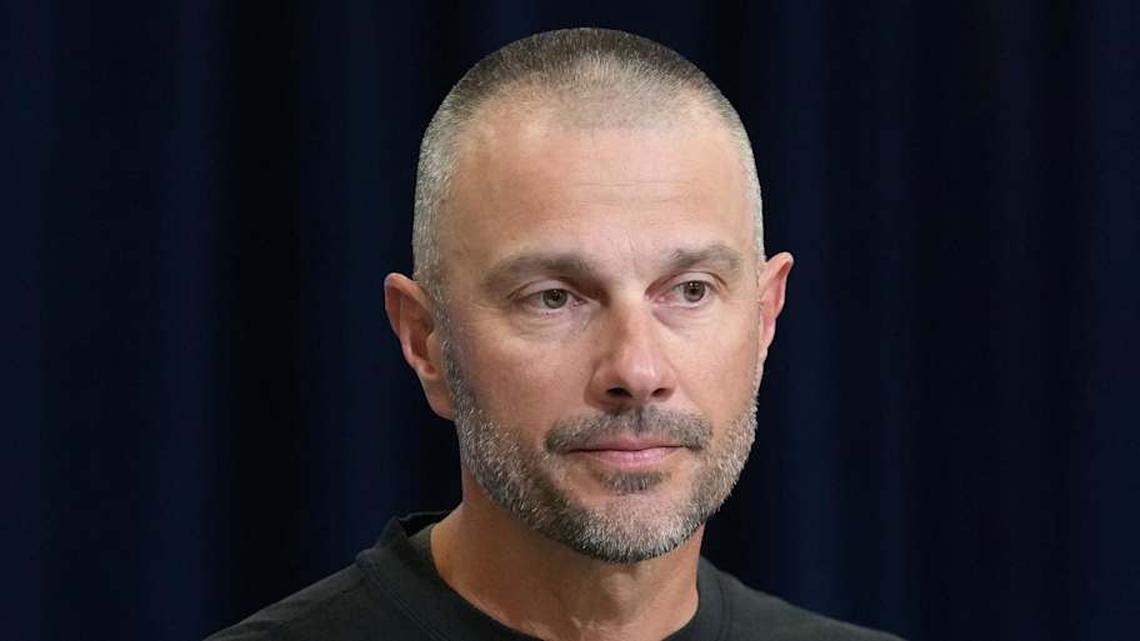  Feb 24, 2026; Indianapolis, IN, USA; Las Vegas Raiders general manager John Spytek speaks at the NFL Scouting Combine at the Indiana Convention Center. Mandatory Credit: Kirby Lee-Imagn Images | Kirby Lee-Imagn Images 