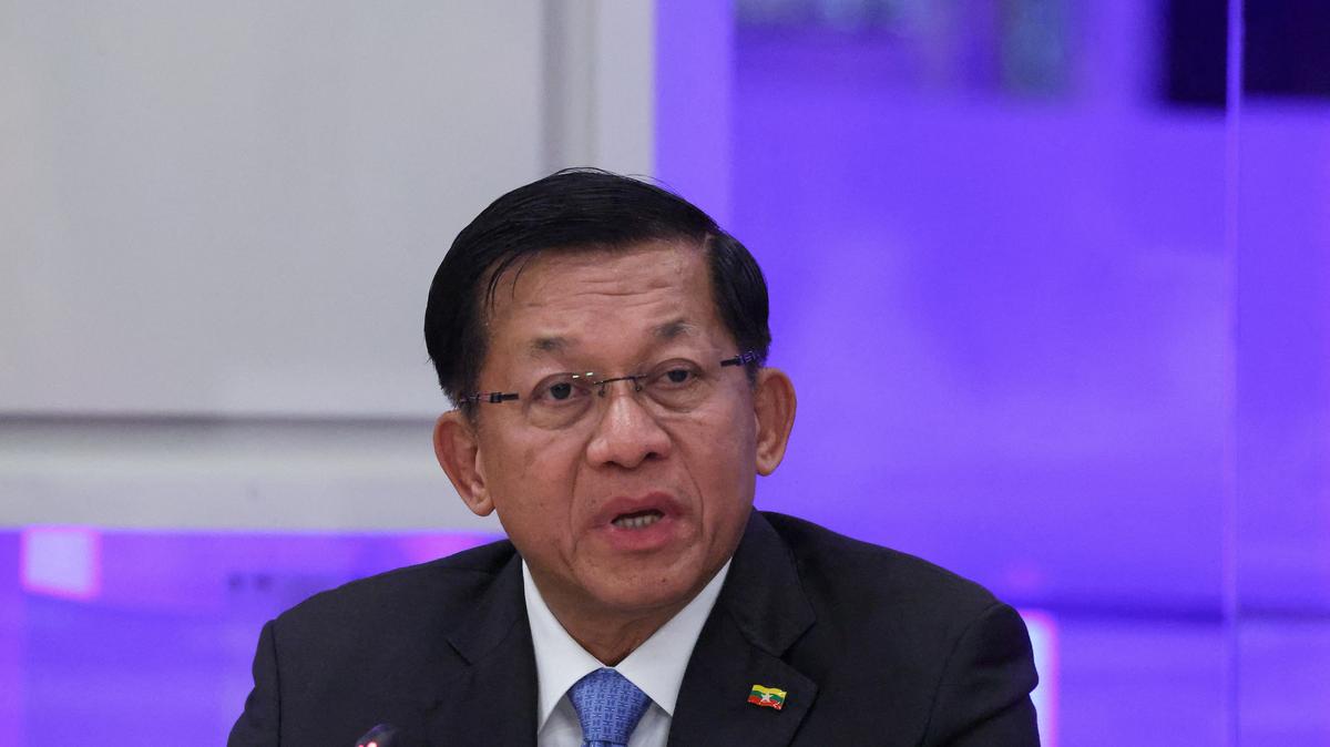 Myanmar's military chief Min Aung Hlaing speaks during a session of the World Atomic Week international forum, an event dedicated to the global nuclear industry and related sectors, in Moscow, Russia, September 25, 2025. REUTERS/Evgenia Novozhenina/Pool