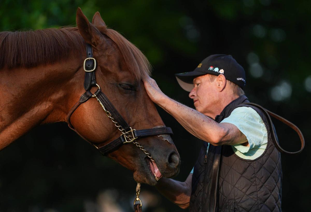  2026 Kentucky Derby horse The Puma stands outside his barn with walker Brian Fitzgerald after morning training at Churchill Downs. © Matt Stone/Courier Journal / USA TODAY NETWORK via Imagn Images