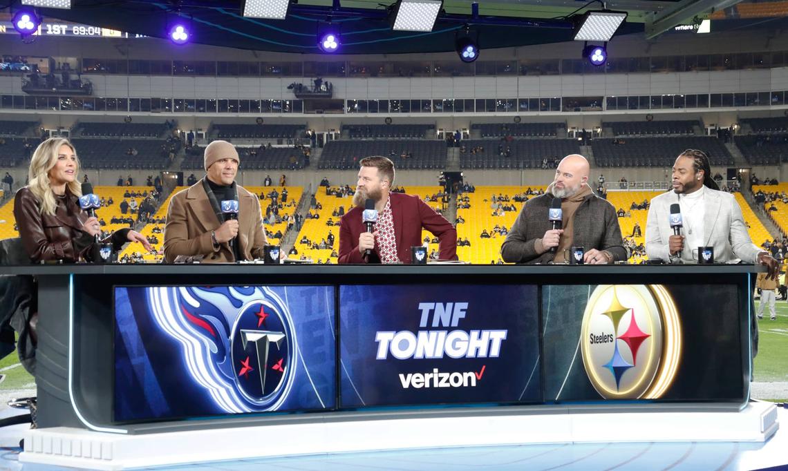  Nov 2, 2023; Pittsburgh, Pennsylvania, USA; Amazon Prime Video's Thursday Night Football cast (L to R) Charissa Thompson and Tony Gonzalez and Ryan Fitzpatrick and Andrew Whitworth and Richard Sherman on set before the Pittsburgh Steelers host the Tennessee Titans against at Acrisure Stadium. Mandatory Credit: Charles LeClaire-USA TODAY Sports 